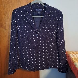 Preston And York 100% Silk Women's Navy Blazer with Tan Polka Dots Size 14
